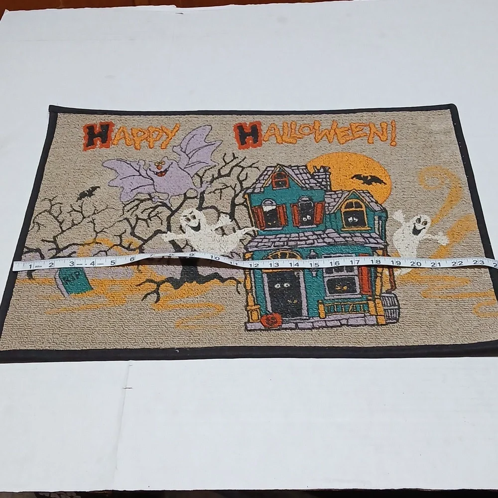 Happy Halloween Vintage Kitsch Cute Door Mat Haunted House Ghosts Bat 24 x 18